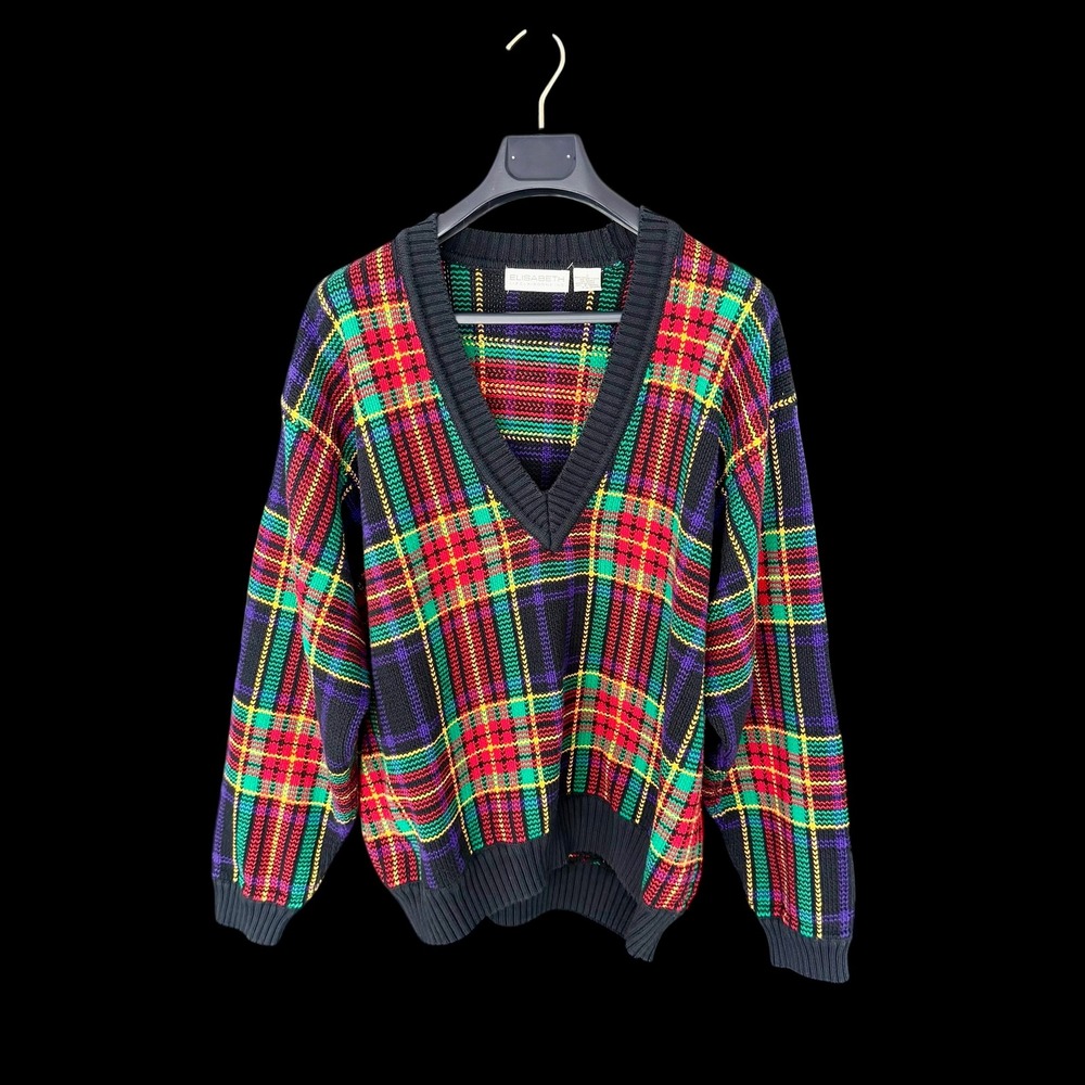 Elisabeth Liz Claiborne Vintage Plaid Cotton Knit‎ V-Neck Sweater Multi-Color 2